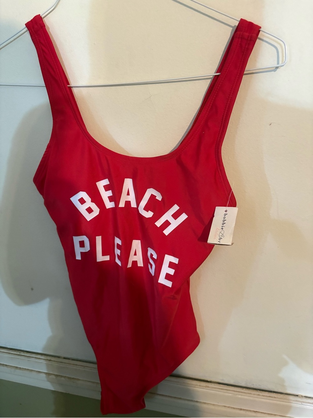 Bobbie Brooks Red One-Piece Swimsuit with White “BEACH PLEASE” Print